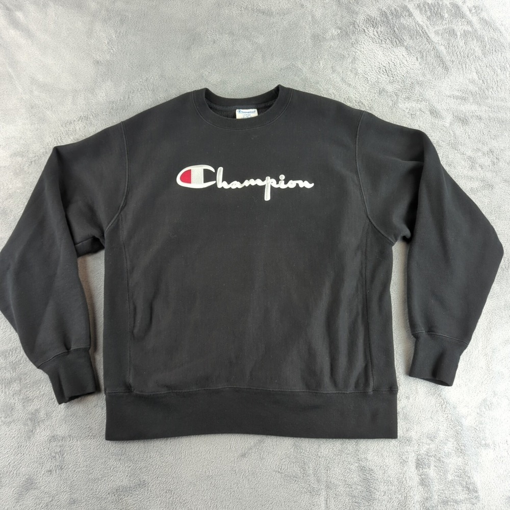 VTG Champion‎ Reverse Weave Sweatshirt Mens Large Black Spellout Crewneck